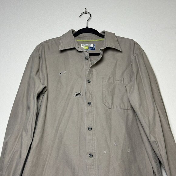 Magellan Button Up Khaki Shirt Collared Distress Design Ripped Men L Streetwear - Picture 14 of 16